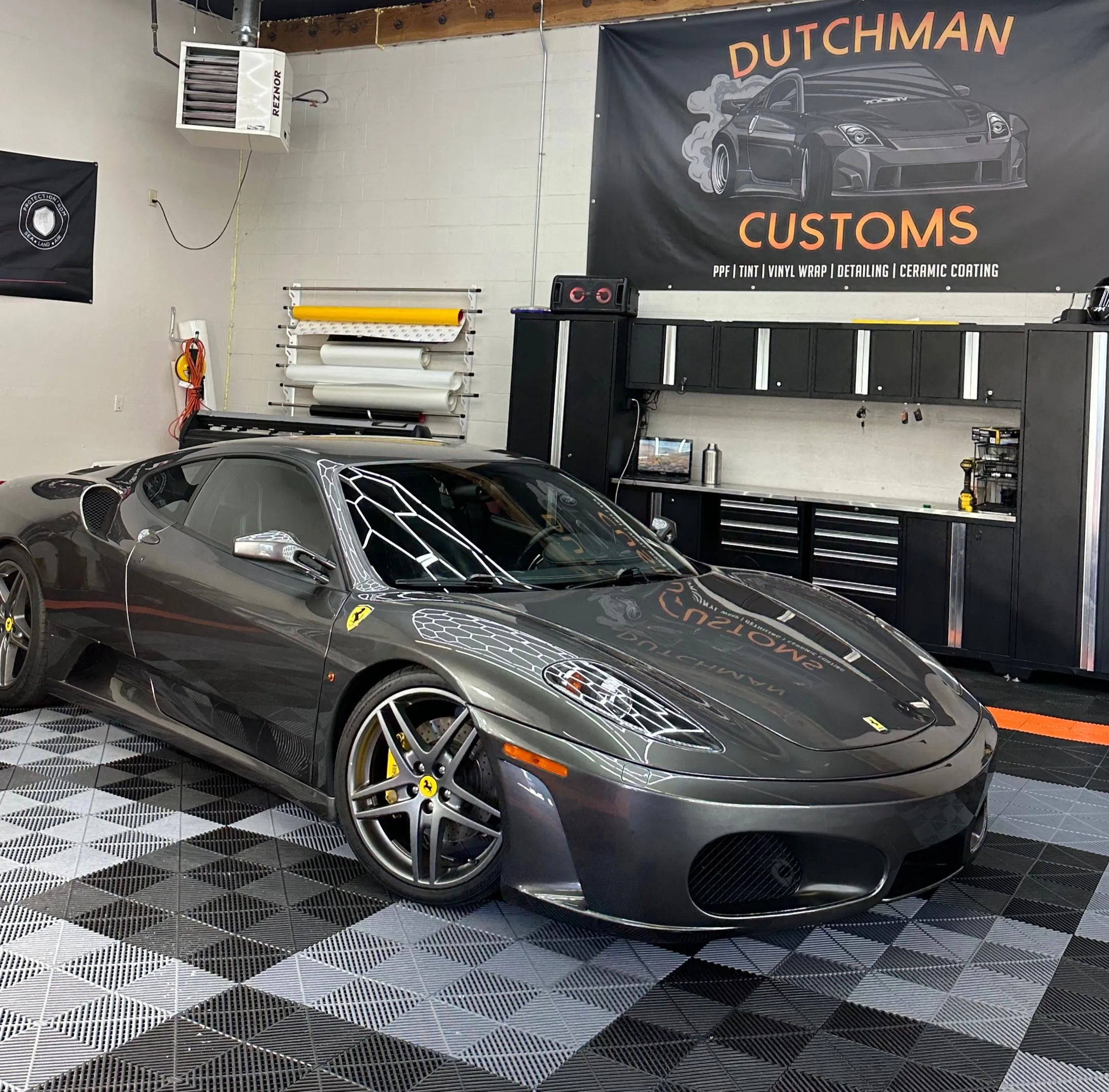 Ferrari F430 in the bay under the hex lights